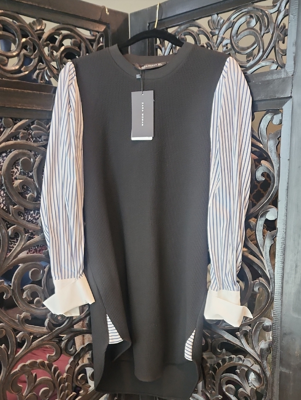 Zara NWT Shirt Dress Black Striped Sleeves French Cuffs Small